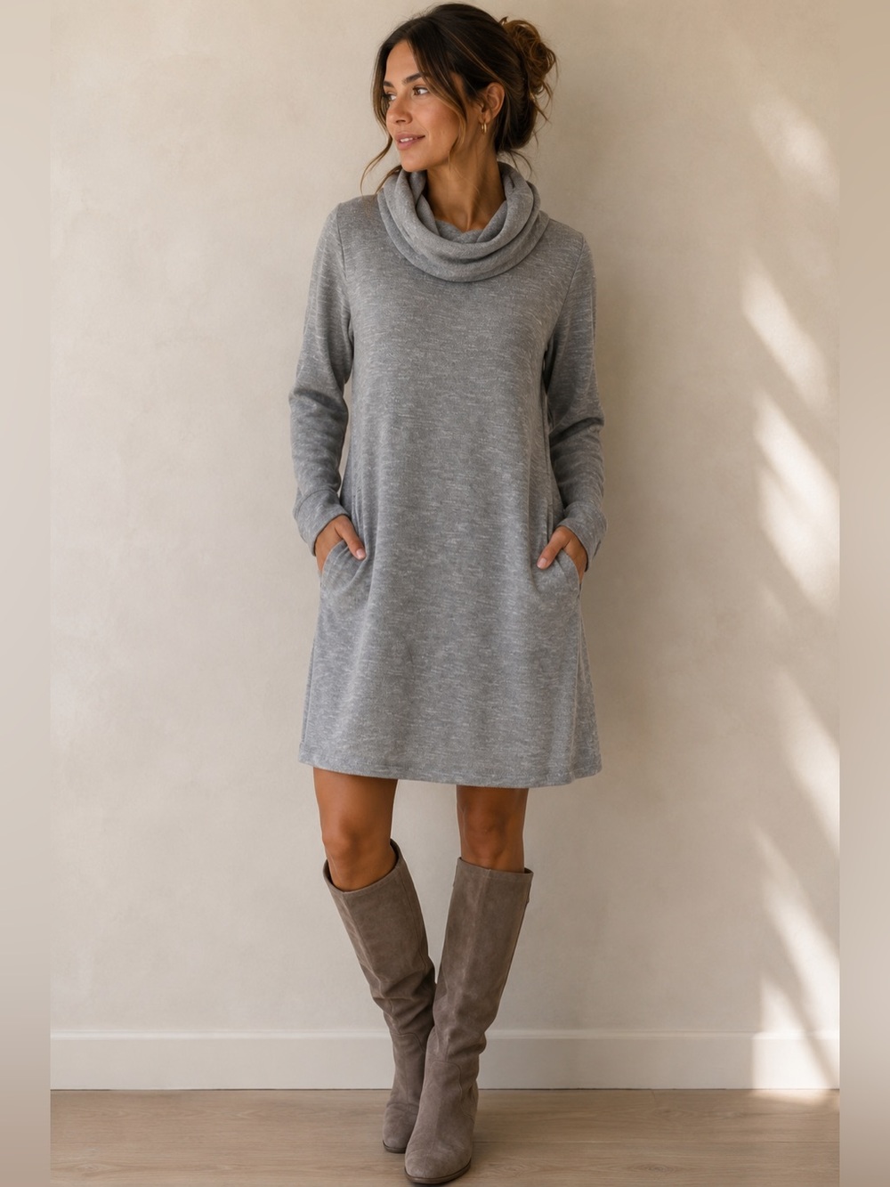 LOFT Gray Knit Cowl-Neck Sweater Dress